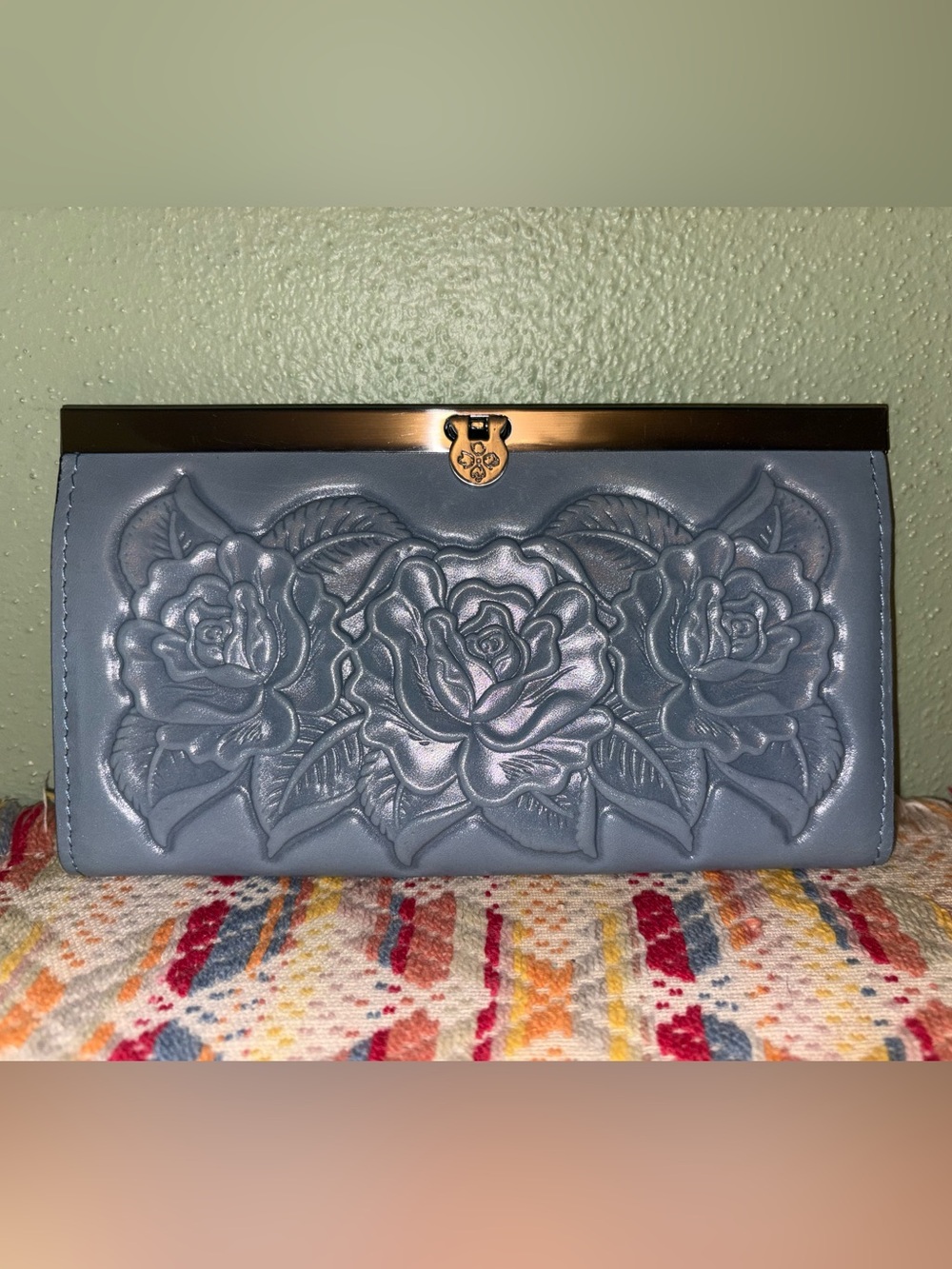 Patricia Nash Safflower Blue Cauchy Clutch Rose Tooled